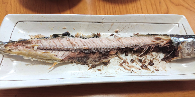 サンマの塩焼きを食べているところ
